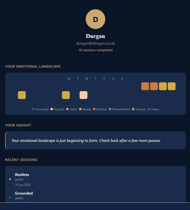 The Art of Pausing app Your Journey screen, showing emotional landscape and recent sessions
